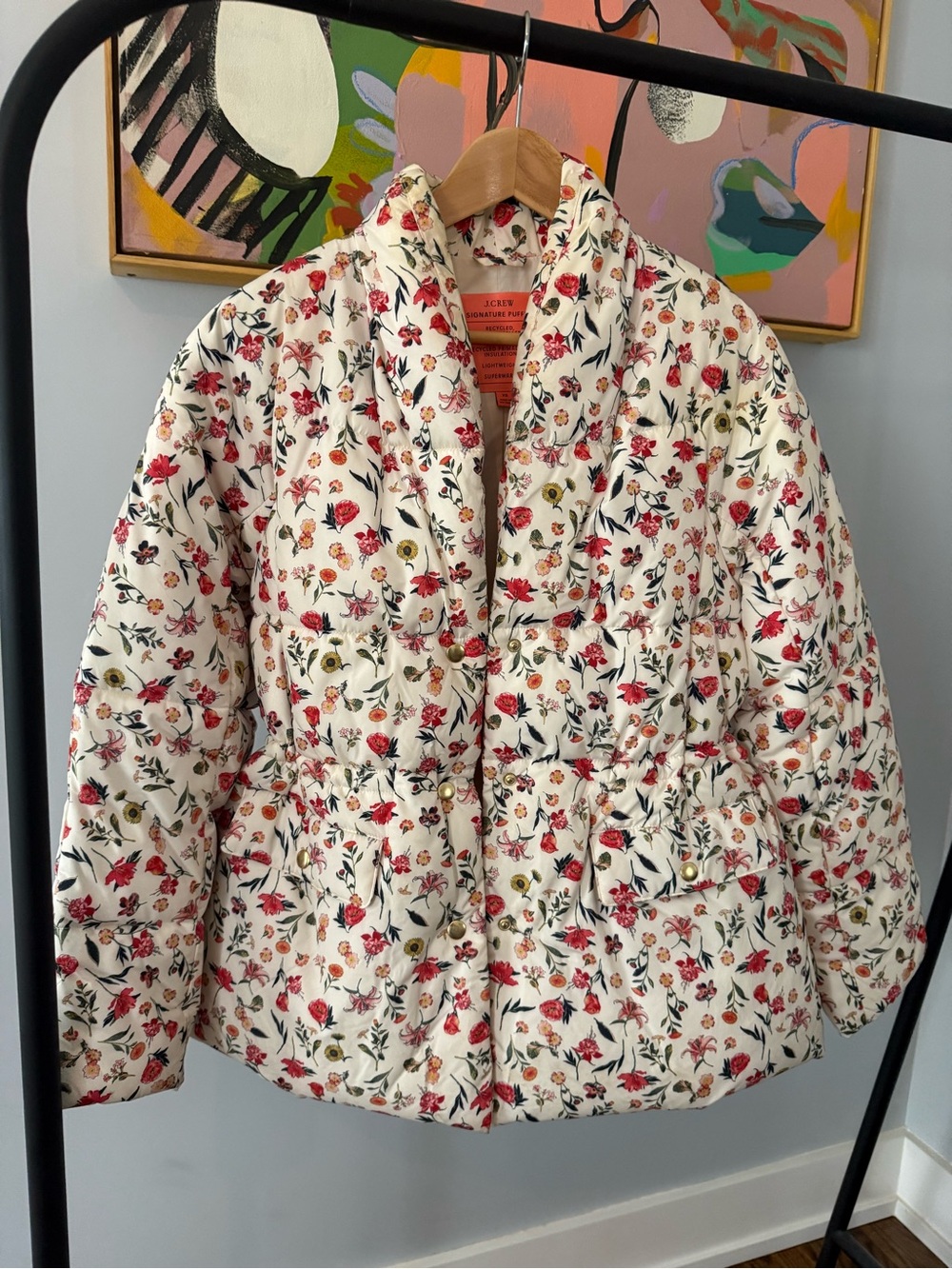 J. Crew Ivory Floral Quilted Puffer Jacket